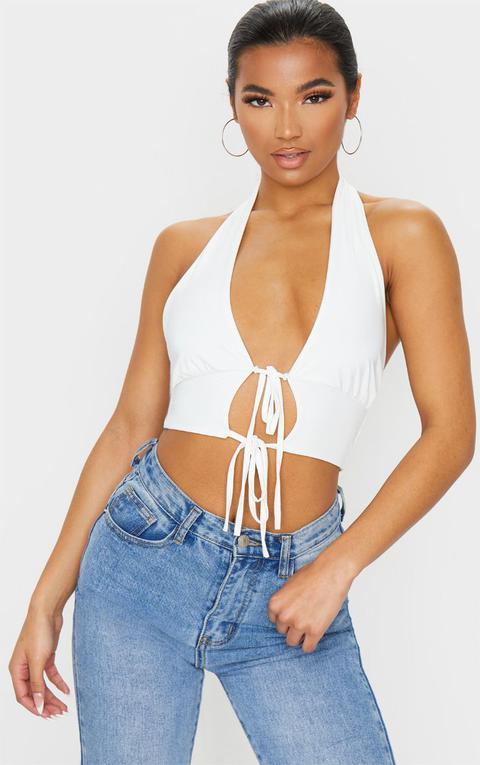 White Slinky Plunge Halterneck Tie Front Crop Top