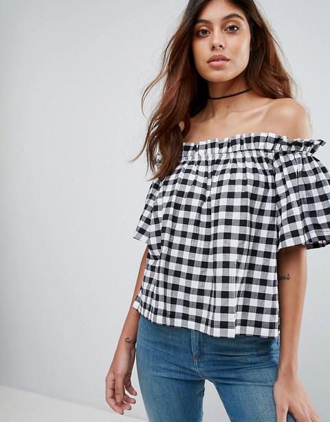 Mango Gingham Bardot Top - Black