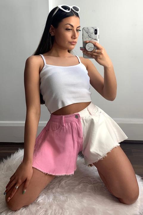 Martha Pink And White Contrast Denim High Waisted Flared Shorts