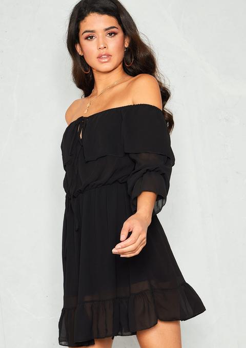 Betty Black Bardot Frill Smock Dress