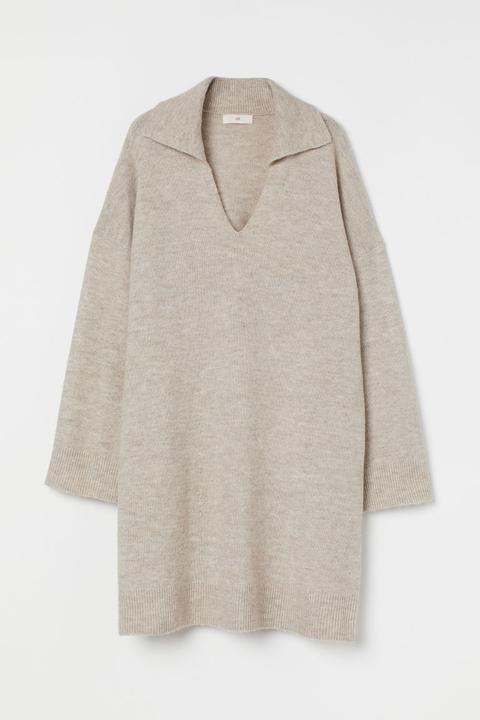 Collared Knitted Dress - Beige