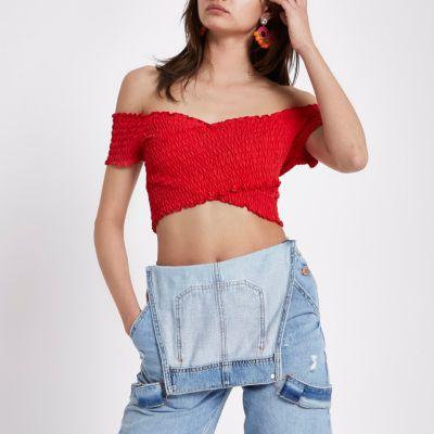 red ruched crop top