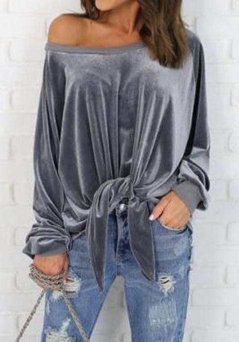 Grey Plain Irregular Boat Neck Fashion Polyester Pullover Sweatshirt