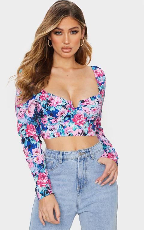 Crop Top Froncé Multicolore Imprimé Floral Style 80's À Détail Bonnets, Multicolore