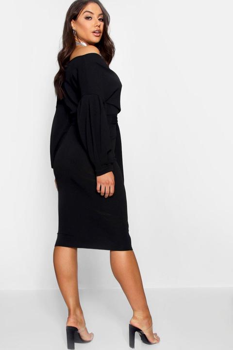 off the shoulder wrap midi bodycon dress