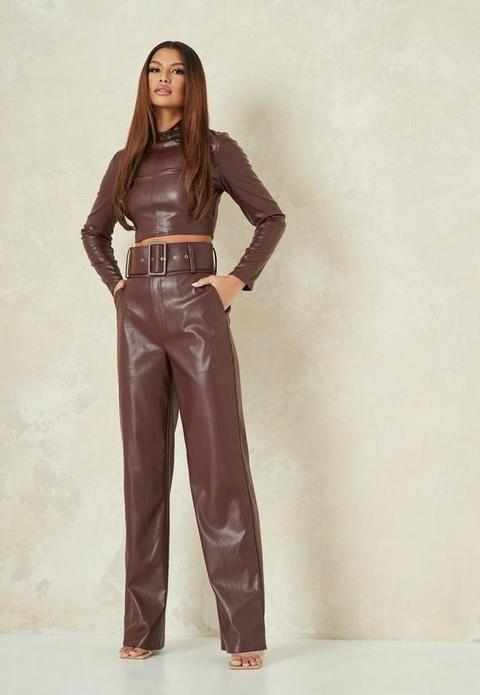 Chocolate Co Ord Faux Leather Tailored Belted Wide Leg Trousers, Brown