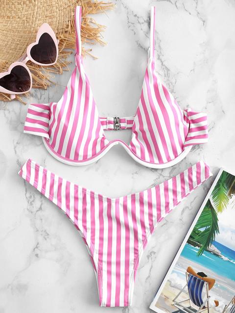 Bikini A Righe Con Ferretto Di Zaful Hot Pink