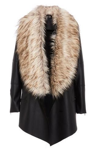 quiz checked faux fur trim jacket