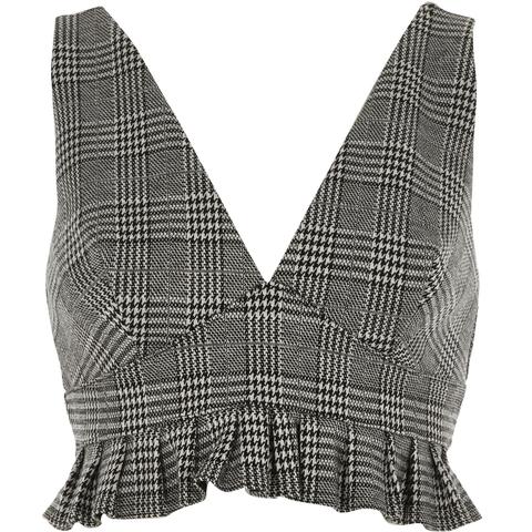 Grey Check Frill Hem Plunge Neck Bralet