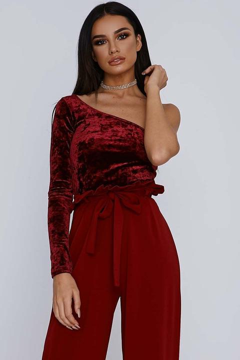 Wine Bodysuits - Sarah Ashcroft Wine Crushed Velvet One Sleeve Bodysuit