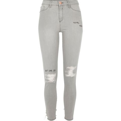 Grey Ripped Slogan Print Molly Jeggings