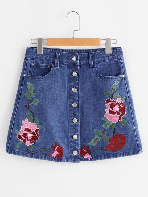 Gonna Di Jeans Con Abbotonatura,con Ricami Di Fiori