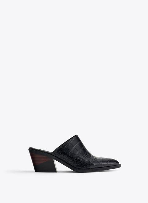 Mock Croc Leather Mid Heel Mules