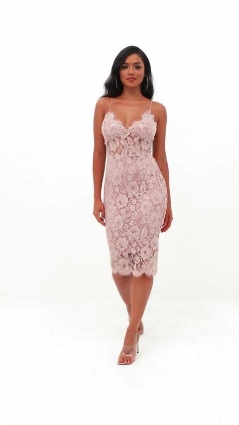 blush pink strappy lace midi dress