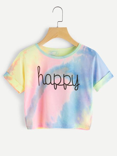 T-shirt Crop In Stampa Tie Dye Con Scritta