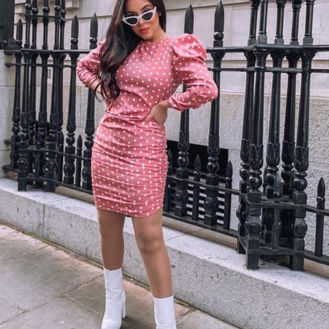 Pink Polka Dot Puff Sleeve Ruching Detail Bodycon Dress