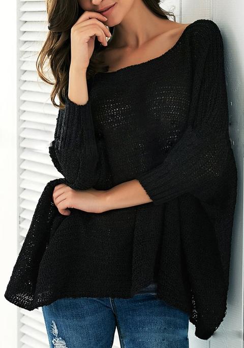 Black Plain Irregular Round Neck Casual Pullover Sweater