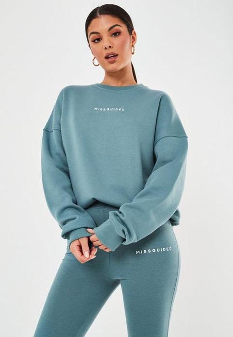 Blue Basic Missguided Slogan Oversized Sweatshirt Blue from