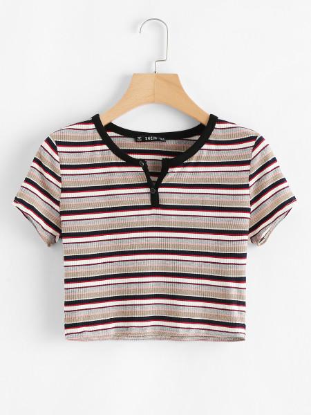 Kontrast Ausschnitt Crop T-shirt Mit Streifen