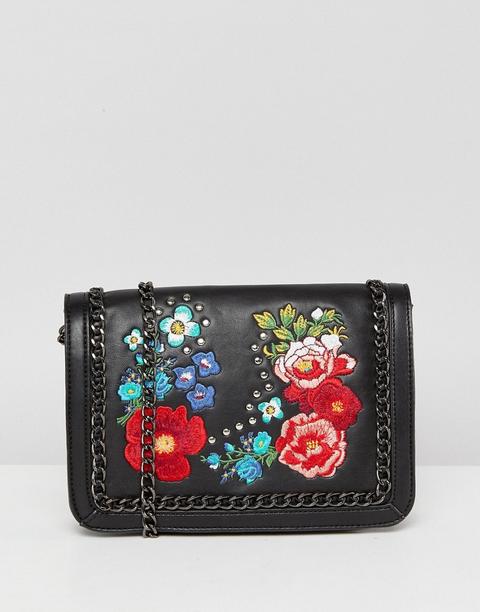 Asos - Borsa A Tracolla Con Catena E Fiori Ricamati - Nero