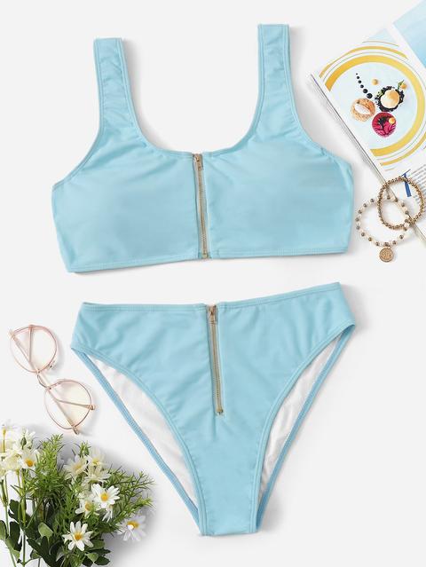Top Con Scollo Rotondo Con Cerniera E Bikini In Pizzo