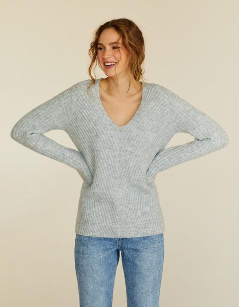 Pullover Scollo A V Grigio Melangiato