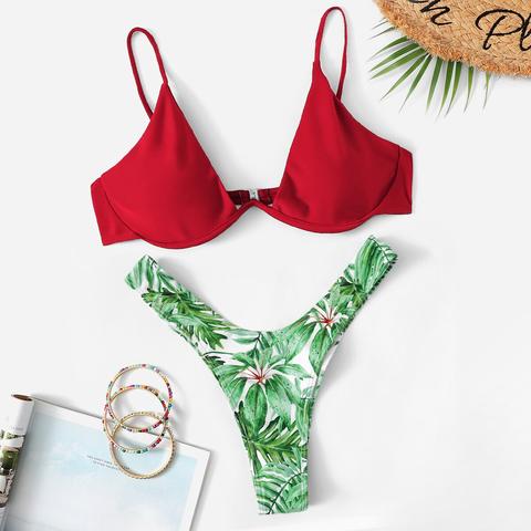 Set Bikini Top Con Ferretto E Stampa Palma Con Taglio Alto
