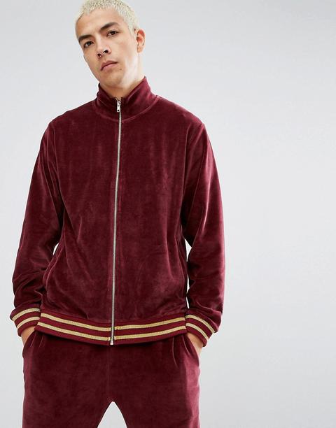 Asos Jersey Track Jacket In Burgundy Velour