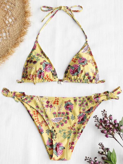 Bikini Stampa Di Fiori Di Campo Con Allacciatura Al Collo Yellow