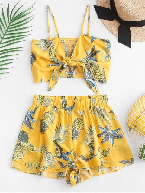 Dos Piezas De Shorts Suelta Con Estampado De Piña Con Espalda Abierta Goldenrod