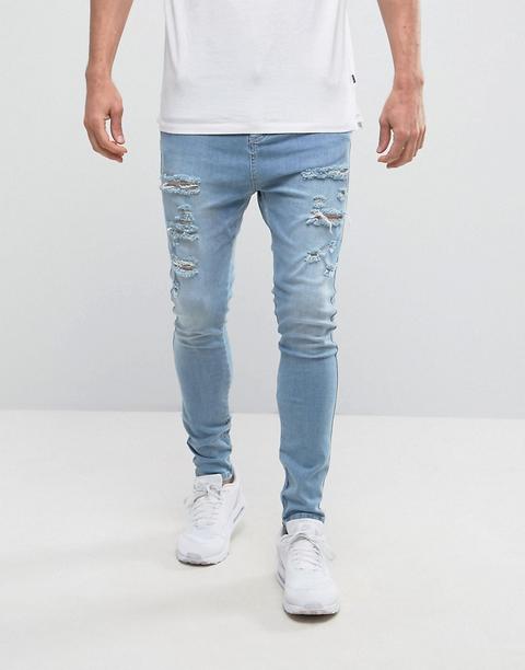 Siksilk - Jeans Attillati Lavaggio Chiaro Effetto Invecchiato Con Zip - Blu