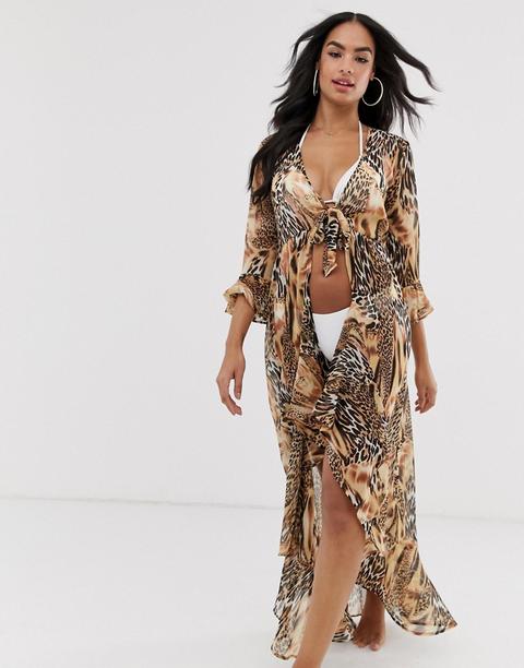 Asos Design – Strandkimono Mit Geteiltem Animal-print Und Schnürung Vorn