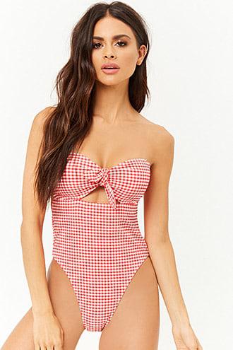 Forever 21 Gingham Knot-front One-piece Swimsuit , Red/white