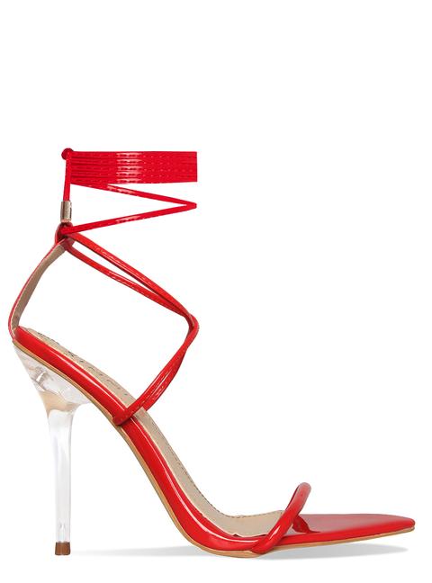 Gizel Red Patent Pointed Lace Up Clear Heels