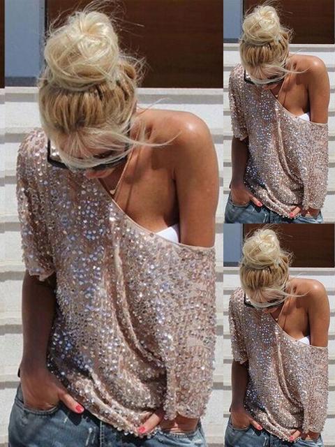 Maglietta Pianura Manica Gomito Paillettes Girocollo Moda Argento
