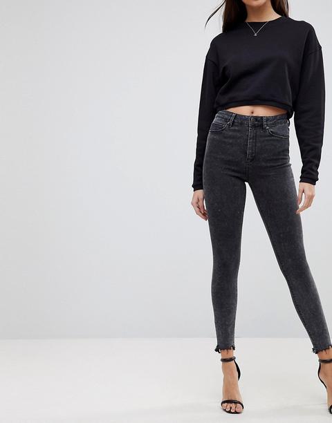 Asos Design - Ridley - Jeans Skinny Vita Alta Nero Chiazzato Con Orlo Grezzo - Nero