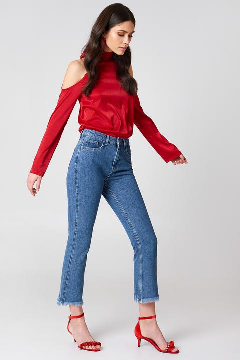 Raw Hem Flared Jeans Mid Blue
