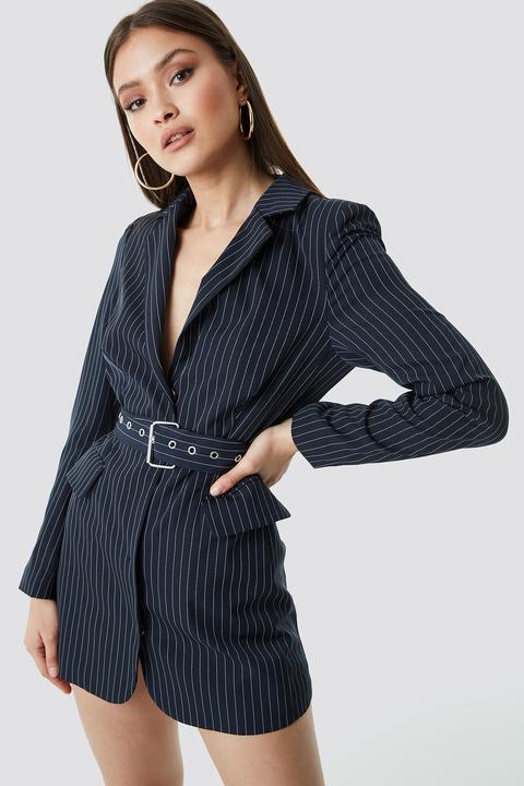 Chloé B X Na-kd Pinstriped Belted Short Blazer Dress - Blue