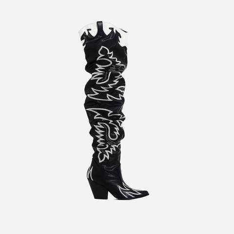 Kelsie Embroidered Western Thigh High Long Boot In Black Faux Leather, Black