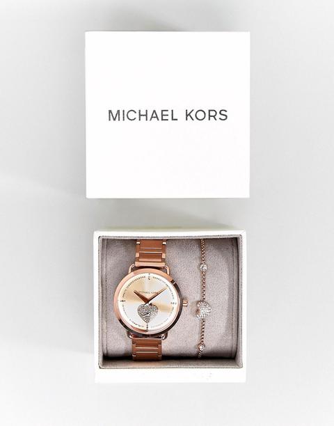 Juego De Pulsera Y Reloj En Dorado Rosa Portia Mk3827 De Michael Kors