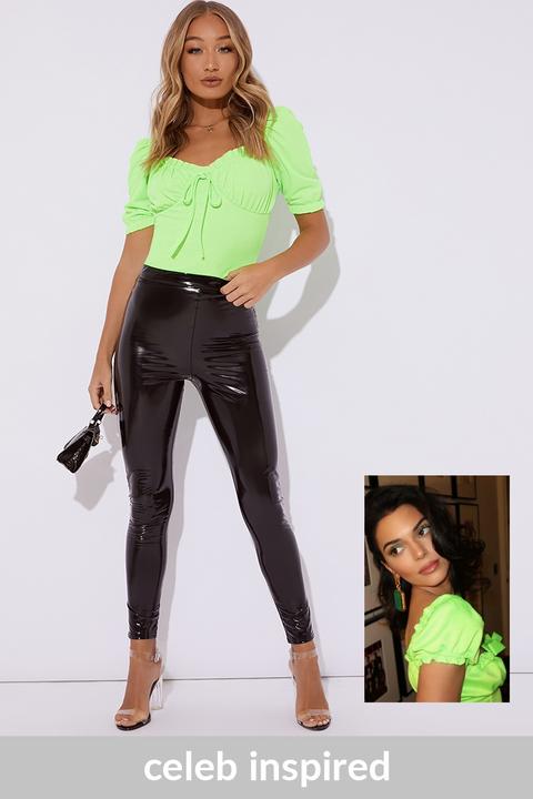 Green Tops - Priya Lime Green Puff Sleeve Tie Front Top