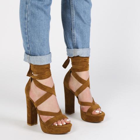 Stella Lace Up Heels In Tan Faux Suede