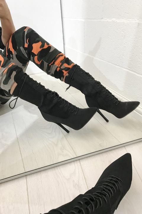 Megan Mckenna Black Pointed Lace Up Heeled Boots
