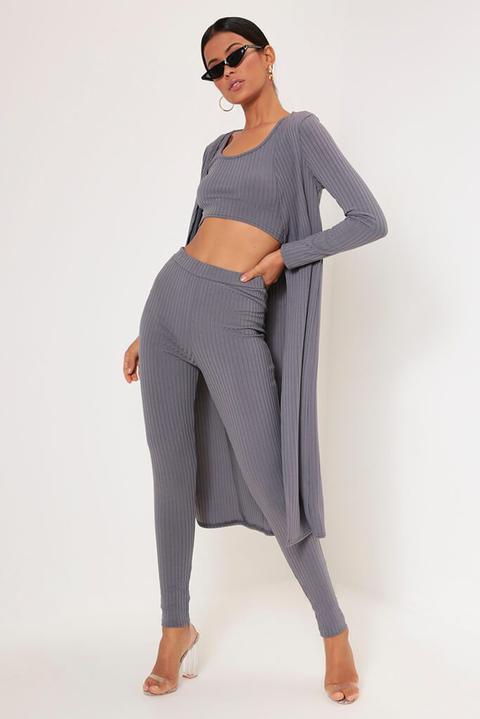 Grey Longline Ribbed Cardigan