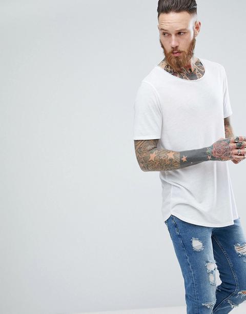 Asos Design - T-shirt Bianca Lunga E Comoda In Misto Lino Con Scollo Rotondo Grezzo E Fondo Arrotondato - Bianco