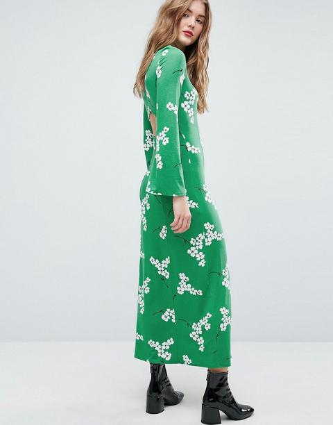 Asos Maxi Tea Dress With Open Back In Green Floral-multi