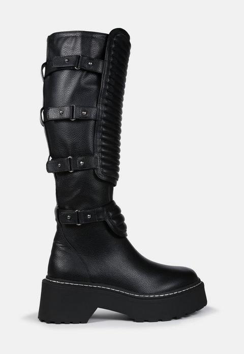 Black Calf High Padded Buckle Chunky Boots, Black