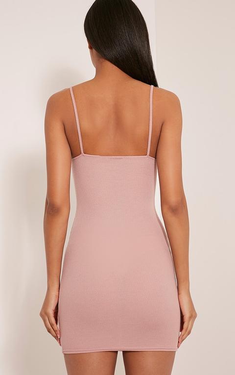 Basic Dusty Pink Strappy V Neck Ribbed Bodycon Dress, Dusty Pink