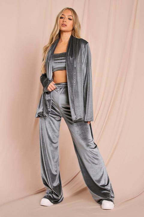 Womens Velour Tie Waist Shirt Dressing Gown Grey