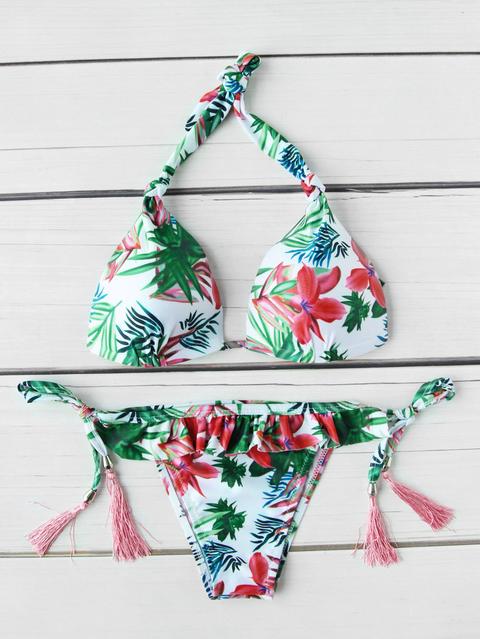 Sets De Bikini Fruncido Con Cordón De Fleco Con Estampado Tropical